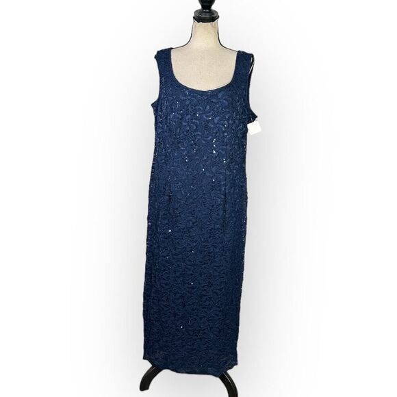 Alex Evenings Cocktail Dress Women's Plus 14P Petite Blue Lace Sleeveless Midi - Picture 3 of 9